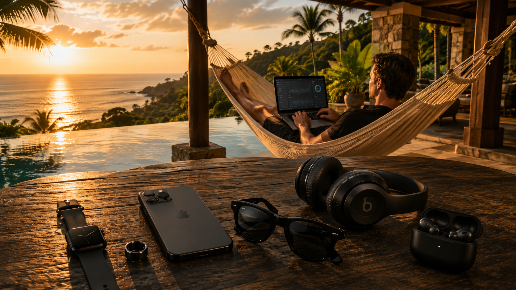 Lifestyle freedom shot of a man working on a laptop from a hammock at sunset overlooking the ocean with wearable tech devices nearby