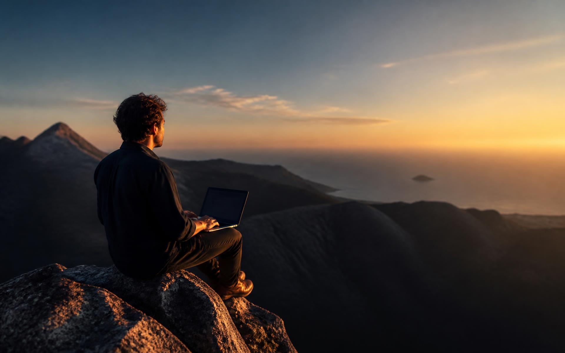 Entrepreneur working on a laptop overlooking mountains and ocean at sunset